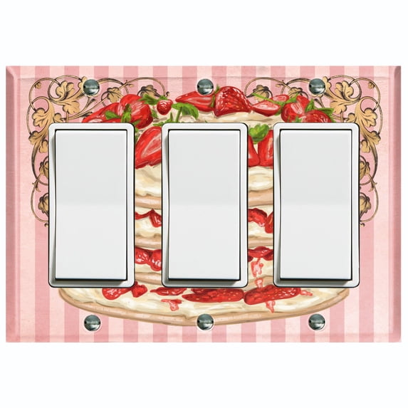 Metal Light Switch Plate Cover Elegant Strawberry Cake Striped Wallpaper Pink CAK053