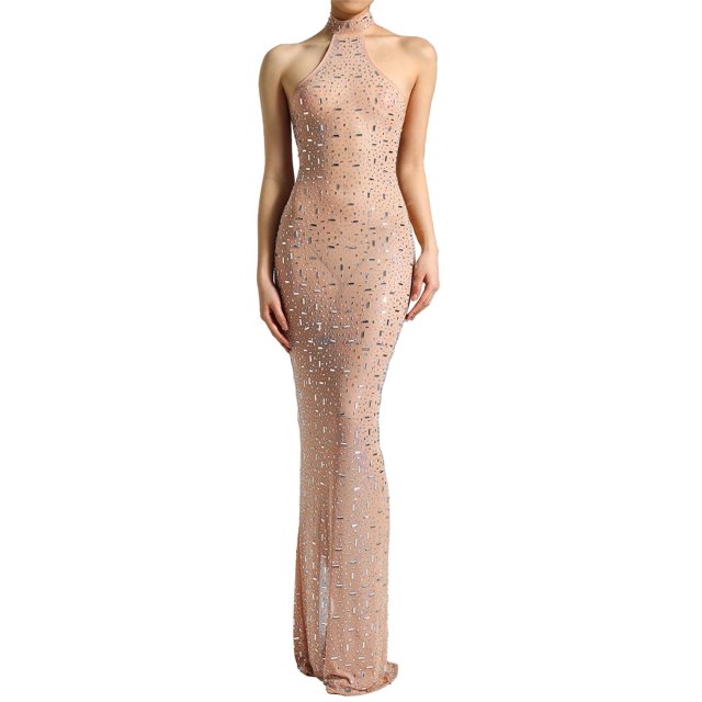 Vestido Bella Barnett de malla beige con strass sin mangas
