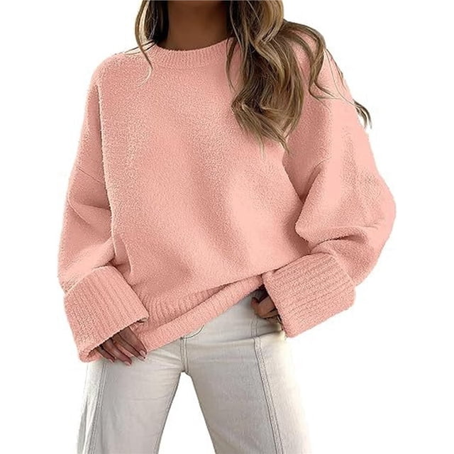 Suéter Informal de Punto Afelpado de Larga Extragrande para Mujer, Ropa de Otoño Rosa L