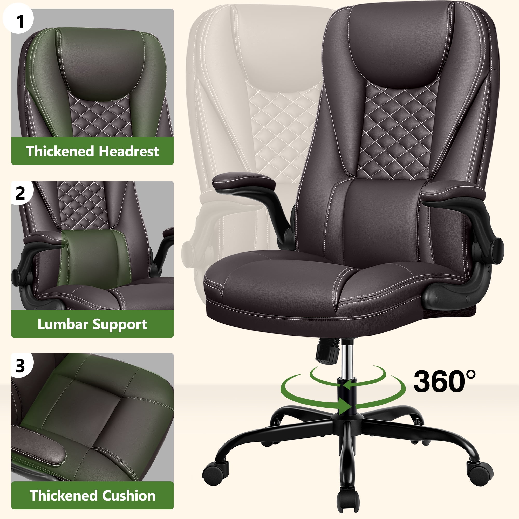 COOLHUT Big and Tall Office Chair, Executive Home Office Desk Chairs, Ergonomic Computer Faux Leather Desk Chair with Adjustable Flip-Up Arms, Lumbar Support Swivel Task Chair, Coffee