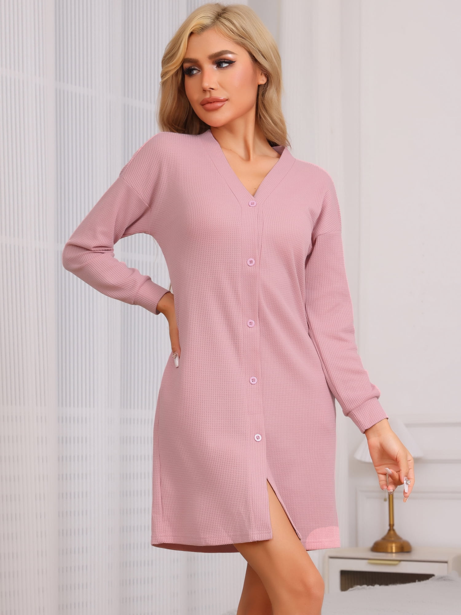 DARING DIVA Women's Waffle Knit Button Down Nightgown with Pockets M Pink