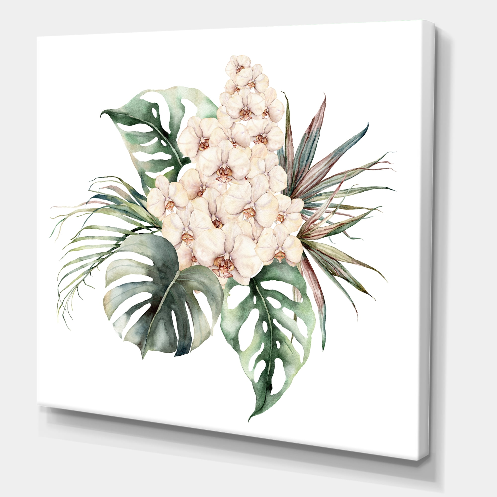 Designart ' Bouquet With Orchids Coconut Leaves and Monstera ' Traditional Canvas Wall Art Print