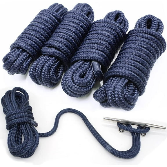 4 Pack 1/2” X 15’ Dock Lines|Marine-Grade Double-Braided Nylon Dock Line with 12” Eyelet.Hi-Performance Boat Rope Mooring Rope Dock Line Navy Blue