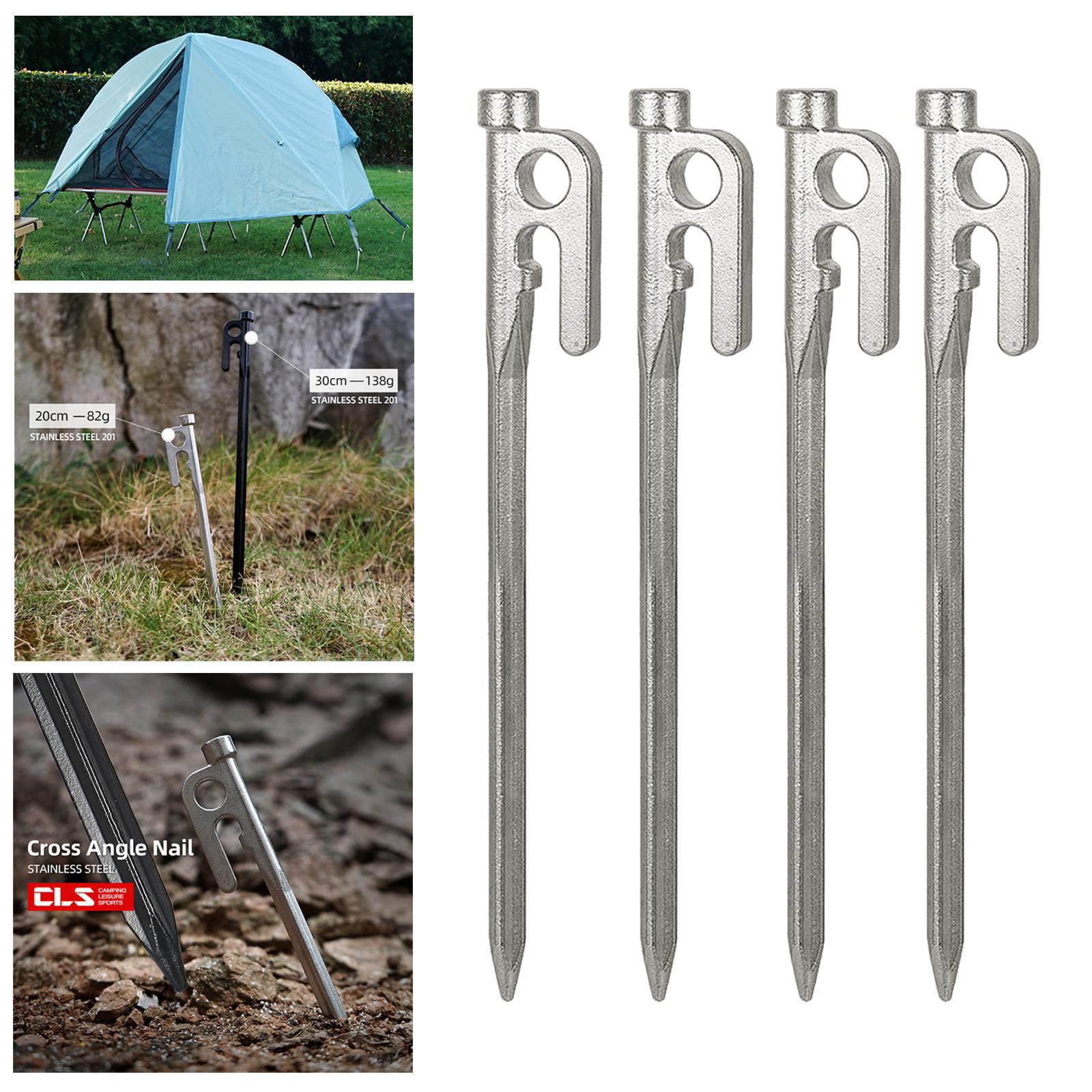 Tent Stakes Heavy Duty Tent Nail Camping Stakes,Tent pegs Canopy, Ground,  Garden, 201 Stainless Steel Stakes 4pc-Pack - 20cm 