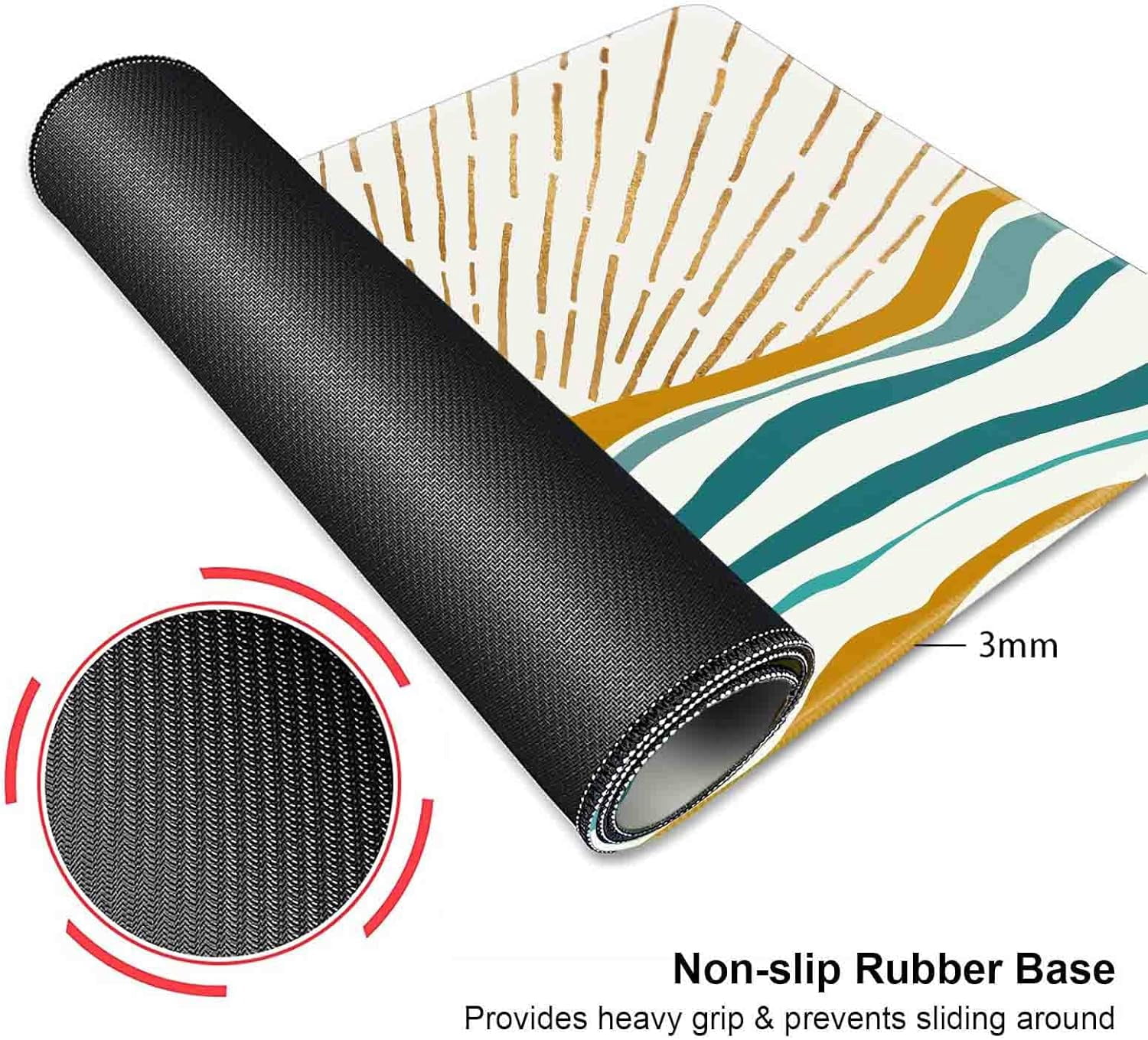 Large Gaming Mouse Pad, Keyboard Mouse Mat,Non-Slip Rubber Base Mousepad with Stitched Edges, Waterproof Keyboard Mouse Mat Desk Pad for Work, Laptop, 31.5 X 11.8 Inch, Gold Sun and Teal Ocean Waves
