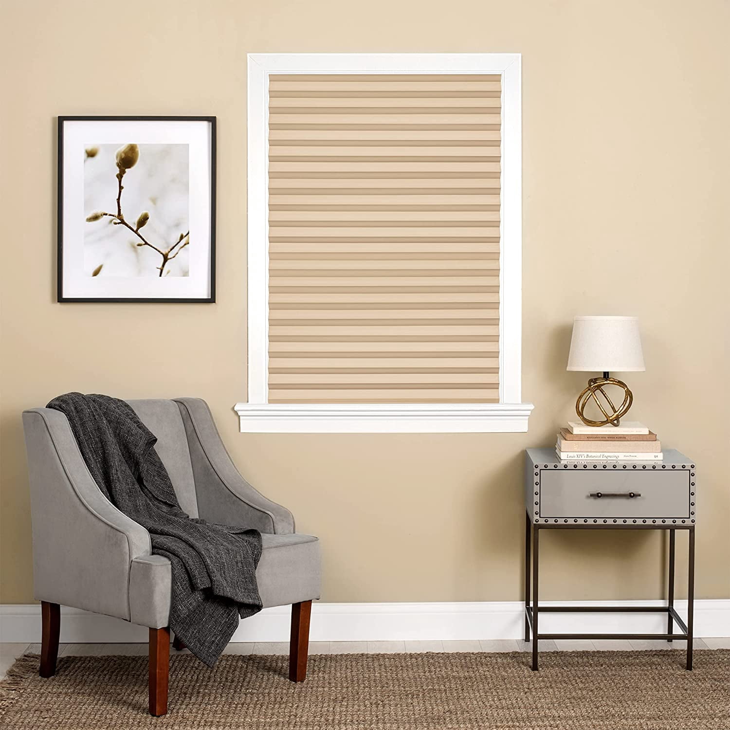 PowerSellerUSA Pleated Window Shades, Window Blinds Room Darkening Blinds 1" Slats Vinyl Window Blinds Cordless Push-Pull Mini Blind, Anti-UV Window Coverings, Fits Windows 75"L x 36"W, Beige