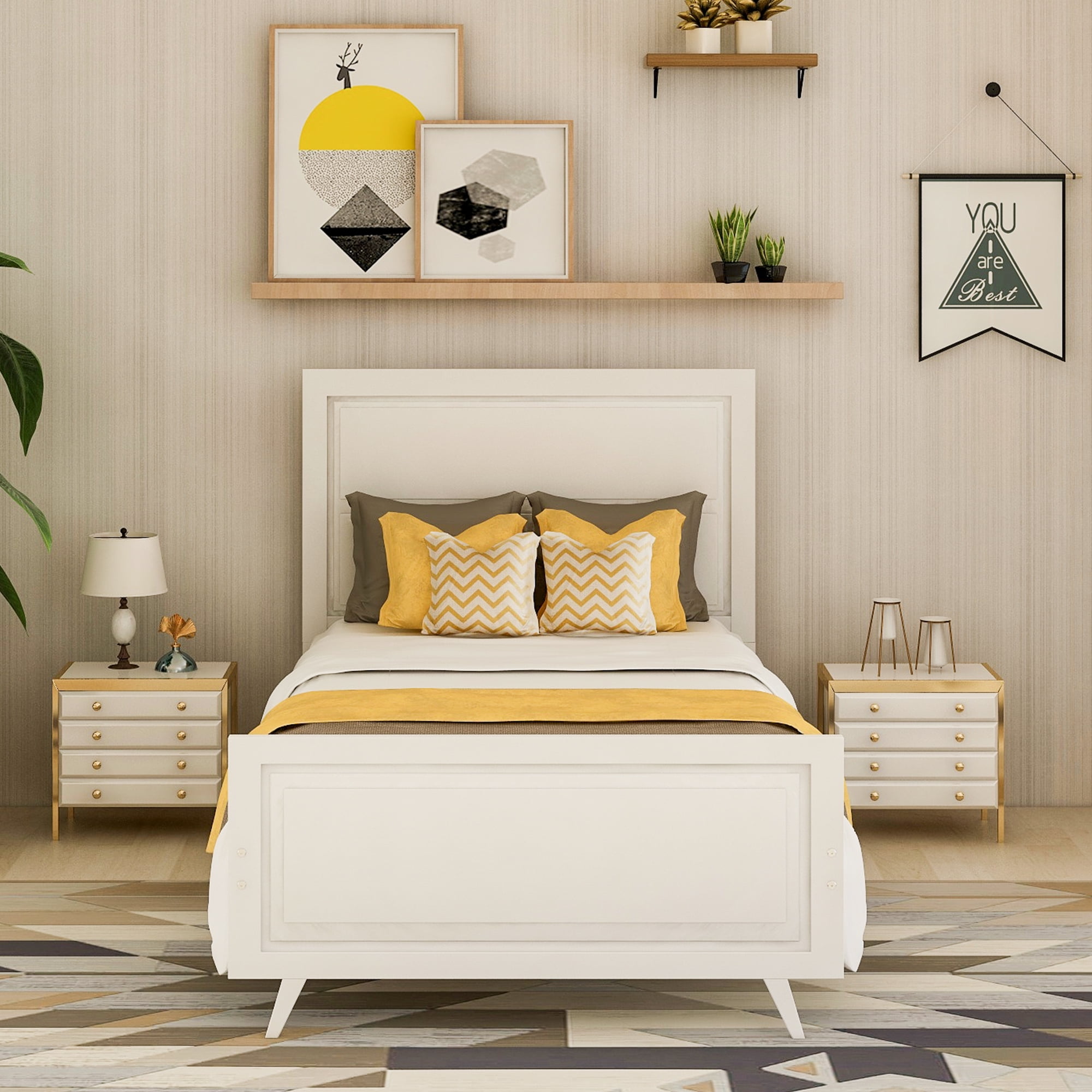 White Twin Bed Frame, Wood Twin Platform Bed Frame with Headboard