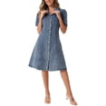 thumbnail image 2 of INSPIRE CHIC Women's Denim Dress Puff Short Sleeve Lapel Collar Button Down  Midi Dress M Grey Blue, 2 of 6