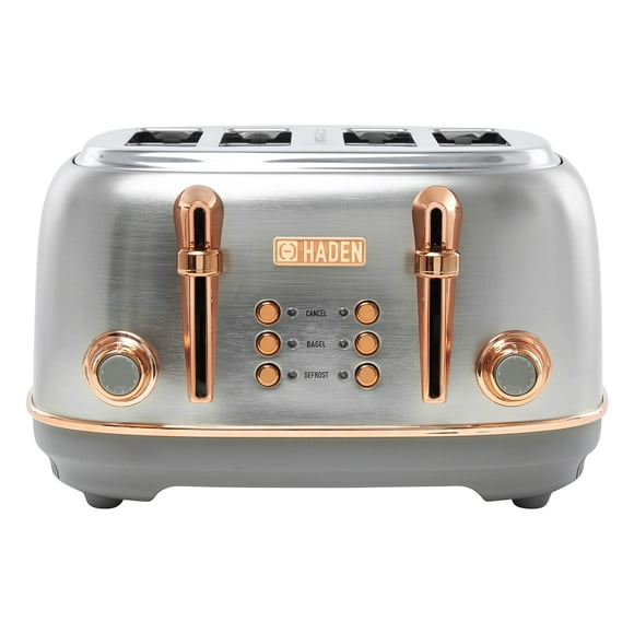 Haden Heritage Tostadora de acero inoxidable con ranura ancha para 4 rebanadas con control de dorado ajustable y patas antideslizantes, acero y cobre