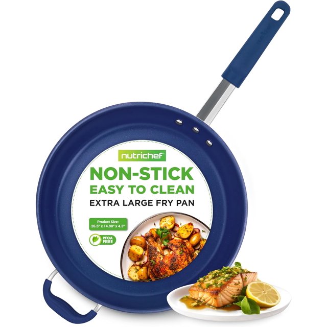 NutriChef 14" Extra Large Fry Pan - Skillet Nonstick Frying Pan with Silicone Handle, Ceramic Coating, Blue Silicone Handle, Stain-Resistant and Easy to Clean, Professional Home Cookware