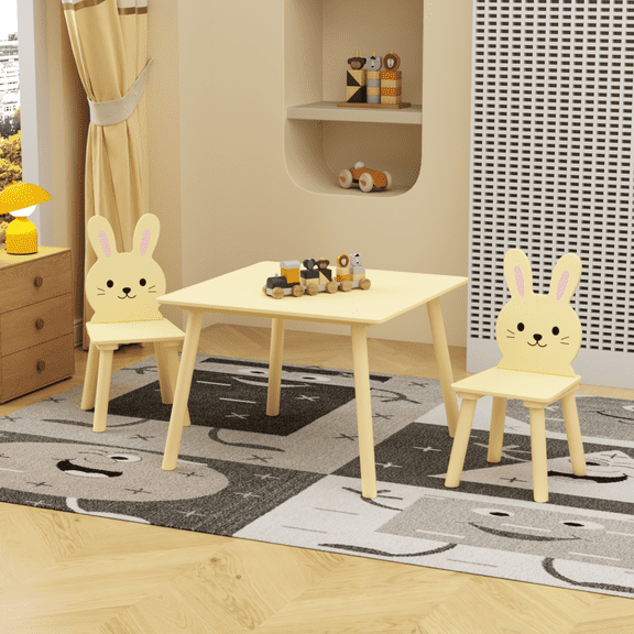 Kids Table and 2 Chairs Se, PAPROOS 3-Piece Wooden Table and Chairs Set for Toddler, Activity Table Play Table Study Table, Cream Yellow Bunny Cute Table Set for Playroom, Classroom