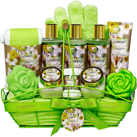 Bath and Body Gift Basket For Women – Magnolia and Jasmine Home Spa Set, Includes Fragrant Lotions, Bath Bomb, Towel, Shower Gloves, Green Wired Bread Basket and More - 13 Piece