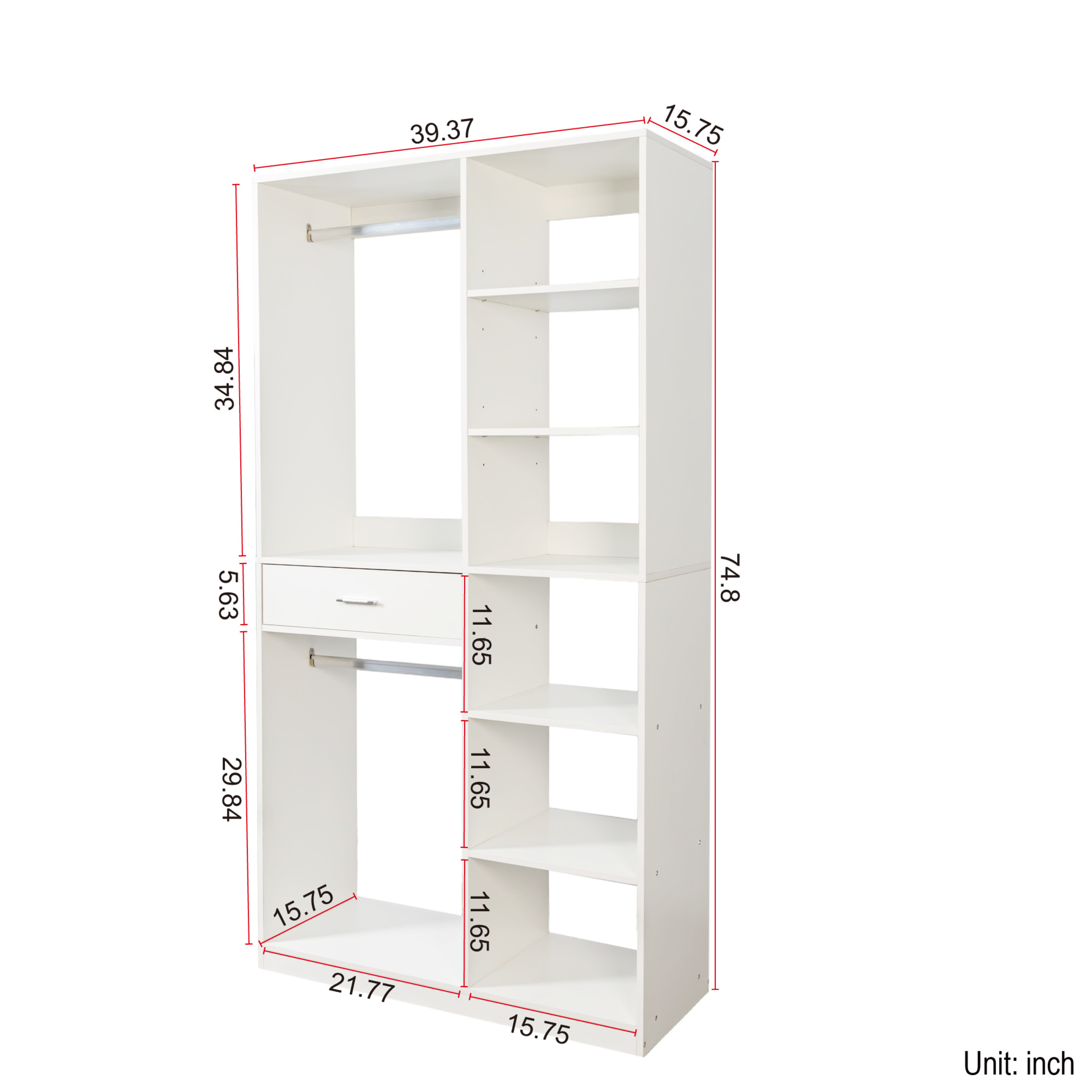 Noble House Elley 74.8" Freestanding Closet System, Open Shelves, Wooden Walk-in Closet with Hanger Rod, White