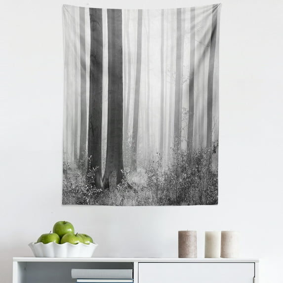 Black and White Tapestry, Grayscale Scenery of Forest Tree Trunks Foggy Woodland Autumn Season Plants, Fabric Wall Hanging Decor for Bedroom Living Room Dorm, 5 Sizes, Grey, by Ambesonne