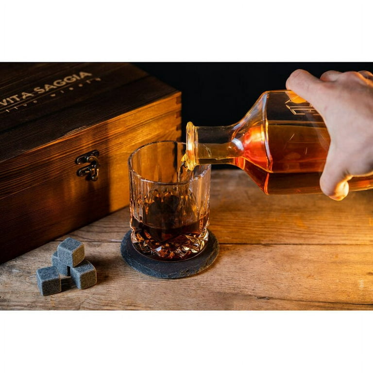 Whiskey Gift Set in Wood Box, Set of 2 Classic-Shape Whiskey Glasses, 8  Chilling Stones, Pouch, 2 Coasters & Tongs