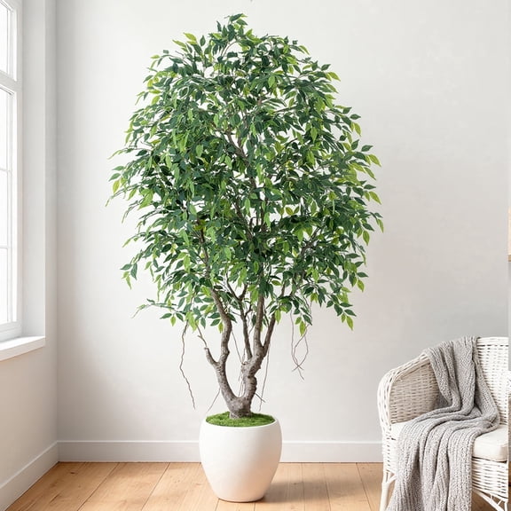 Artificial Ficus Tree 8ft 96" Natural Curved Trunk Faux Banyan in Round Planter for Home Office
