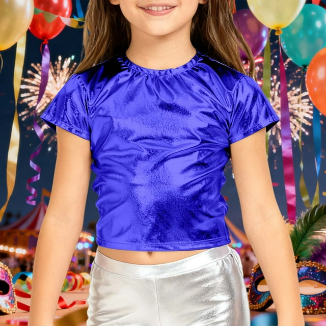 Girls Performance Shiny Stretch Tee for Kids - Everyday Casual Outdoor Top for 3-16 Years Old in Spring Summer