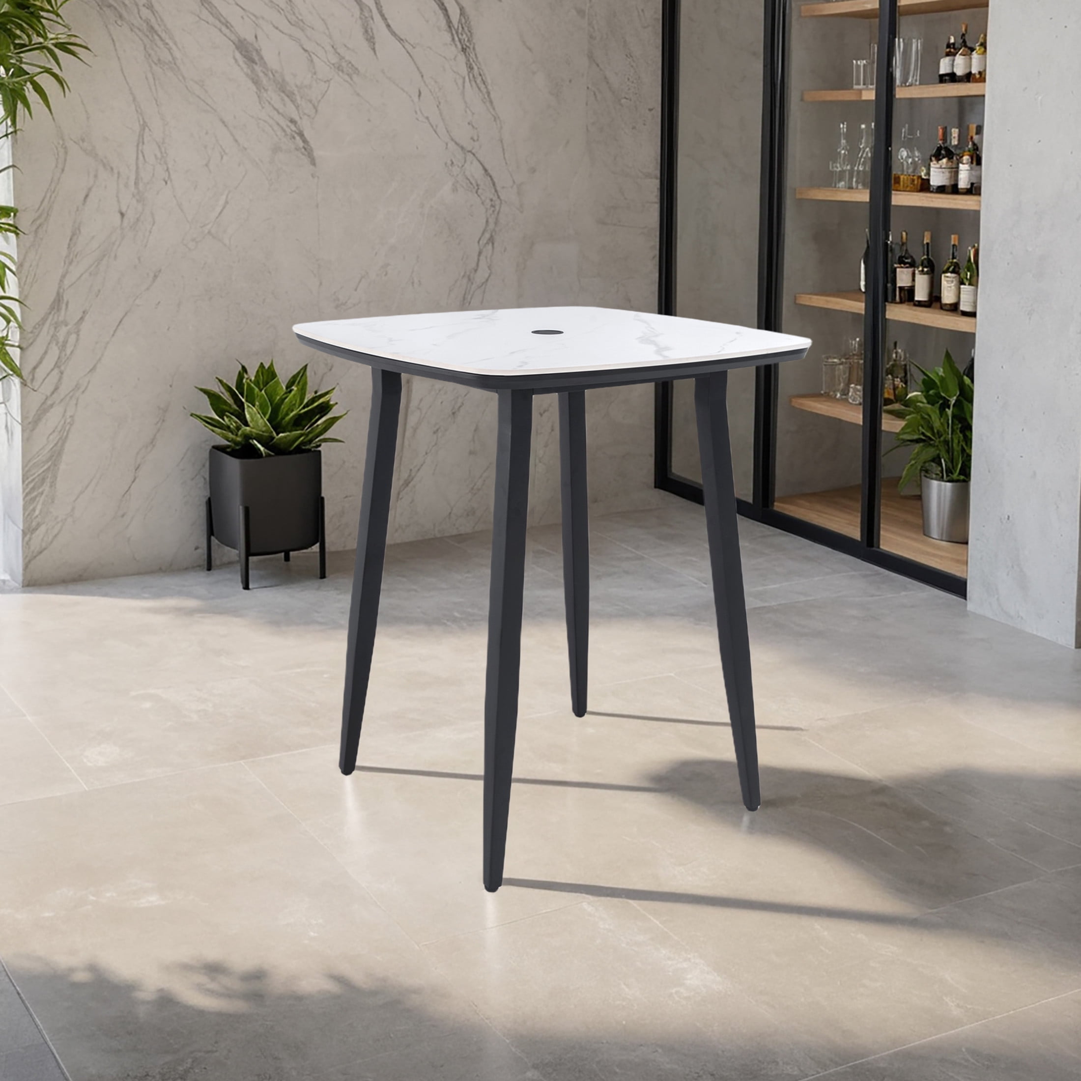 Noble House 35.4" Outdoor Rounded Square Bar Table, Durable Sintered Stone Greek Top, Umbrella Hole, Ember Black + White