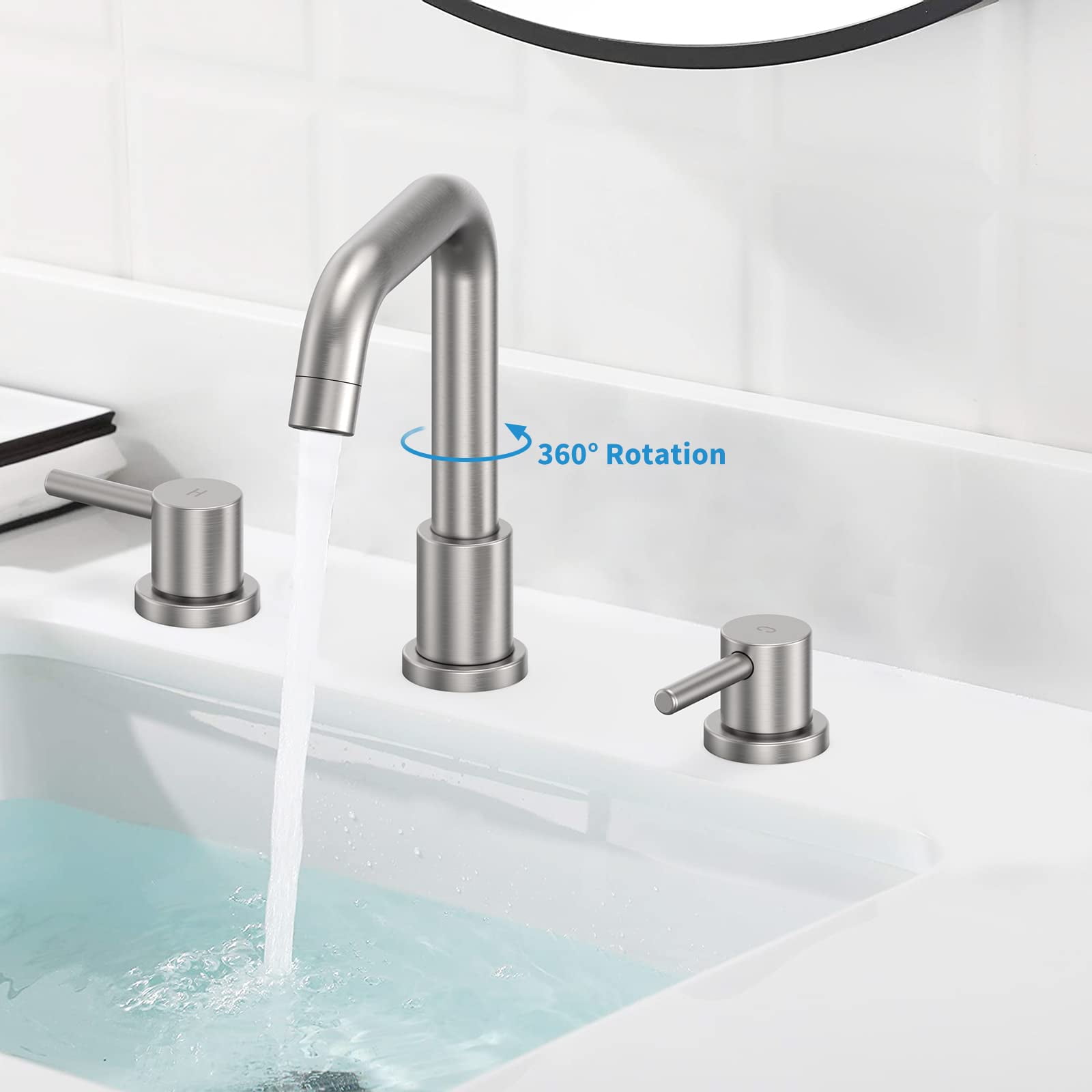 Brushed Nickel Bathroom Faucet 3 Hole,8 Inch Bathroom Faucet with Metal Pop-up Drain Assembly, Two Handle Vanity Faucet with cUPC Supply Lines, 8" Widespread Bathroom Sink Faucet