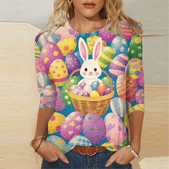 Xixinqiwan Women's Easter Tops Plus Size,Happy Easter 3/4 Sleeve Women's Tops Dressy Bunny Eggs Print Trendy Pullover Shirts Crewneck Holiday Blouse