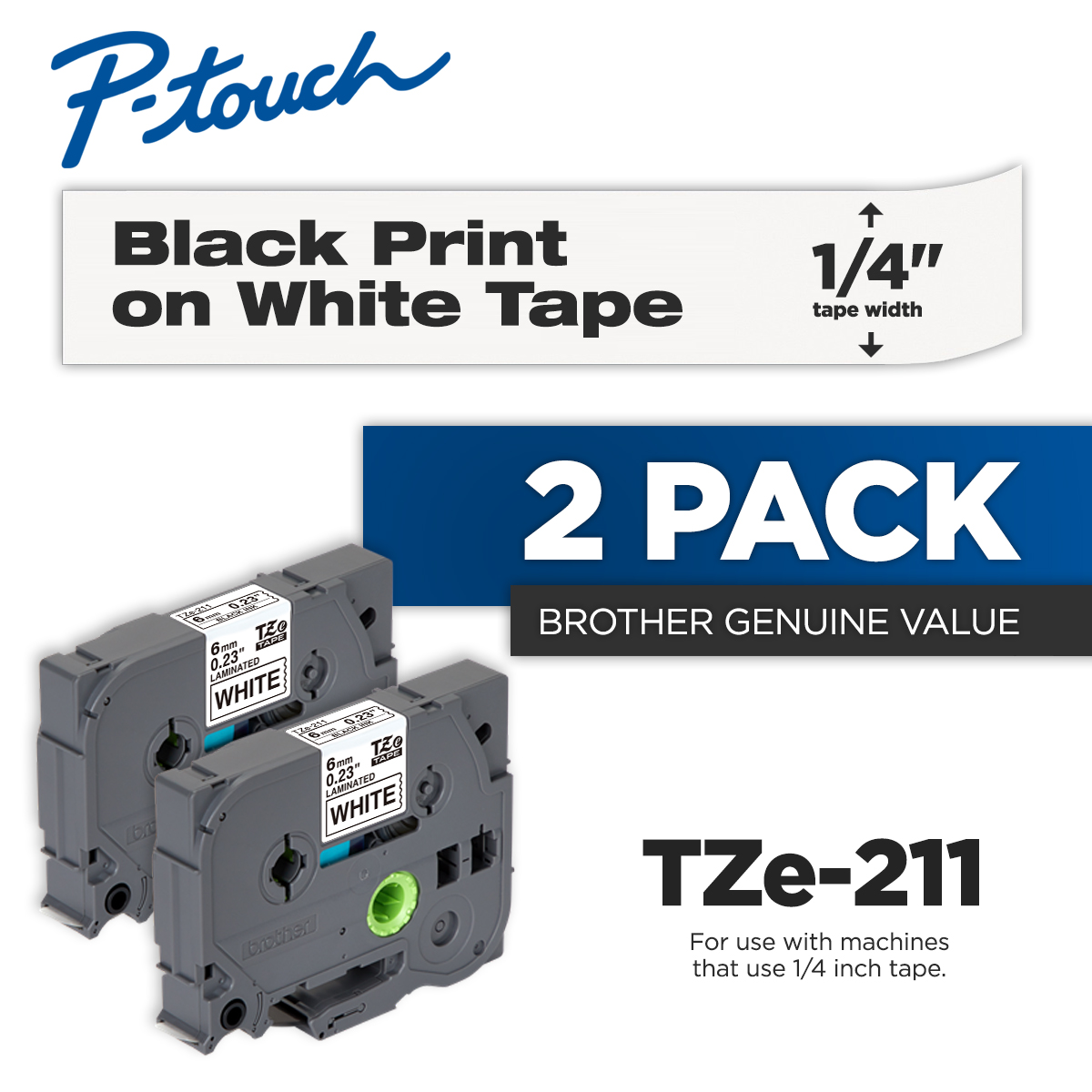 Brother P-touch 2-Pk TZe-211, Black Print on White Standard Adhesive Laminated Tape, 0.23" x 26.2' - image 2 of 3