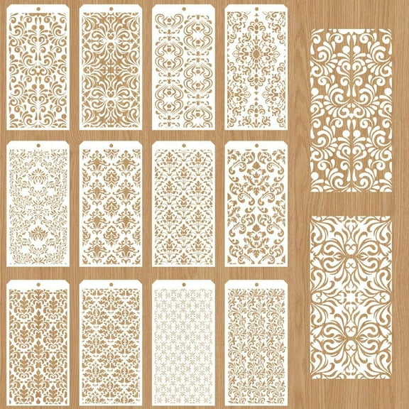 12 Pcs Decorative Painting Templates 12 Styles Damask Stencils DIY for Craft Reusable Vintage Texture Stencils Mixed Media Stencil DIY for Painting on Wood Wall Furniture Scrapbook Christmas Decor