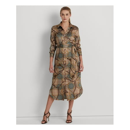 LAUREN RALPH LAUREN Womens Beige Pocketed Twill Plaid Long Sleeve Point Collar Tea-Length Shirt Dress 10