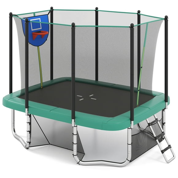 Gymax 10 x 8 FT Heavy-Duty Trampoline w/Basketball Hoop Soccer Goal Non-Slip Ladder Green