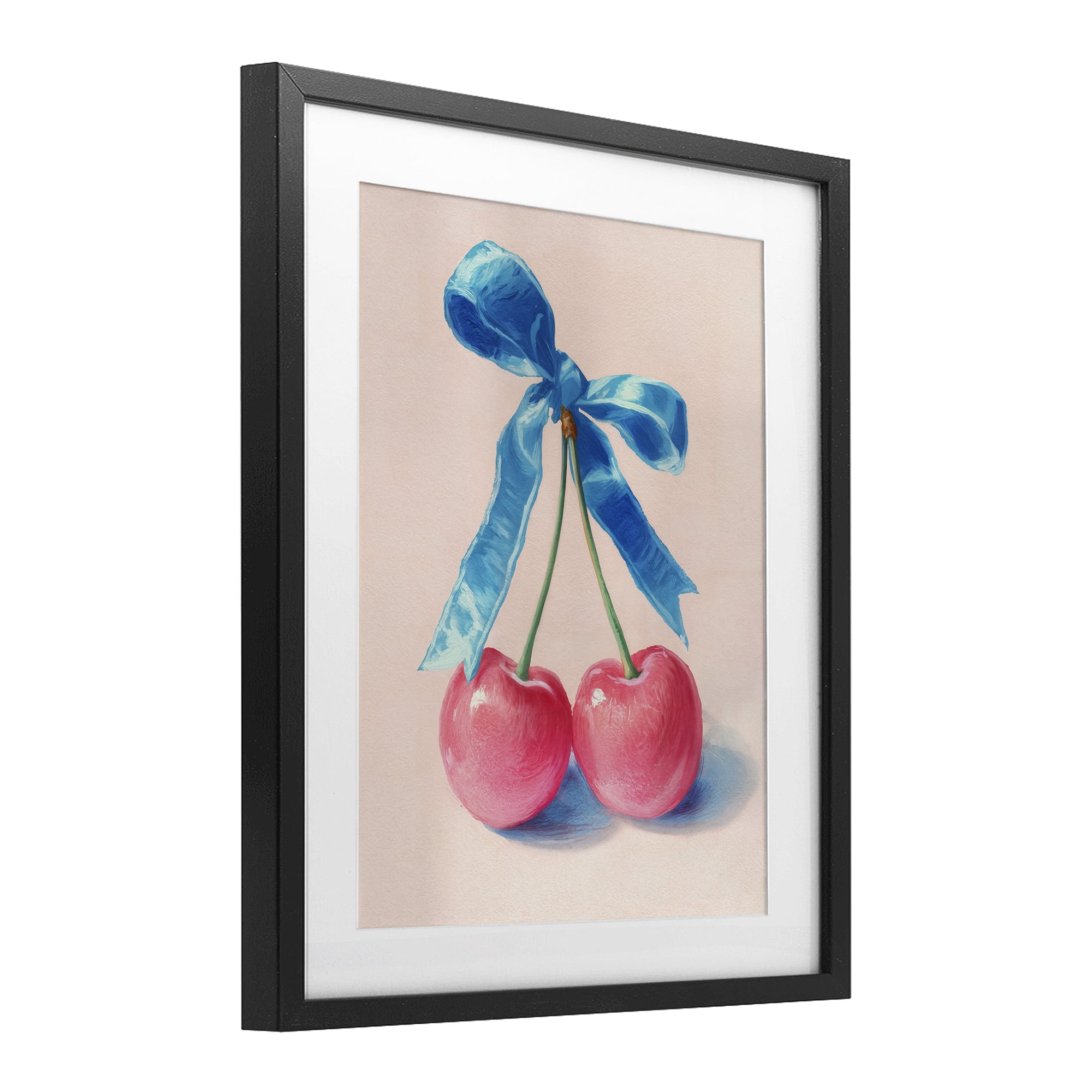Stupell Industries Twin Cherries with Blue Ribbon Black Framed Print Under Glass, design by Imagine It Images