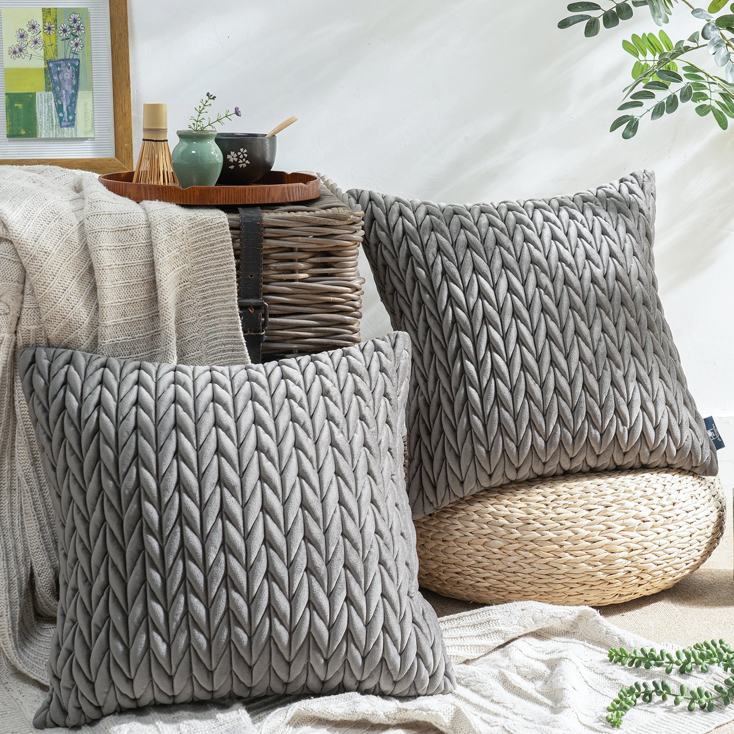 Holiday Deal Selection Phantoscope Quilted Velvet Braid Textured Pleated Decorative Throw Pillow Cover for Bed and Couch, 18" x 18", Dark Gray, 2 Pack