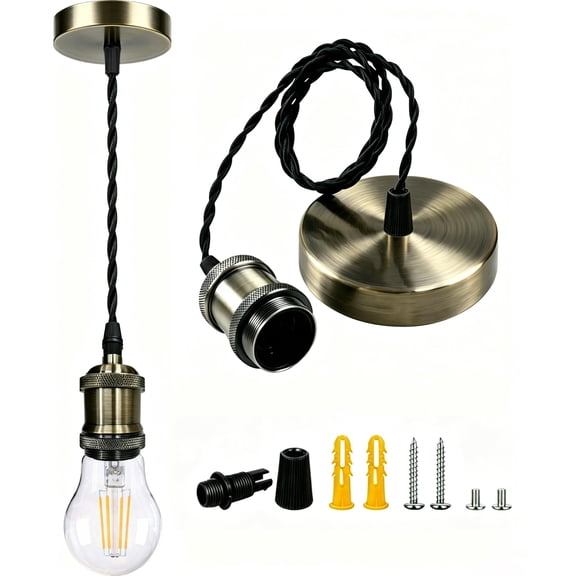 [UL Listed]Vintage Brass  Pendant Light Kit Industrial, E26 Lamp Socket Adjustable Hanging Pendant Light, Retro Ceiling Lamp Kit for Kitchen Island Hallway
