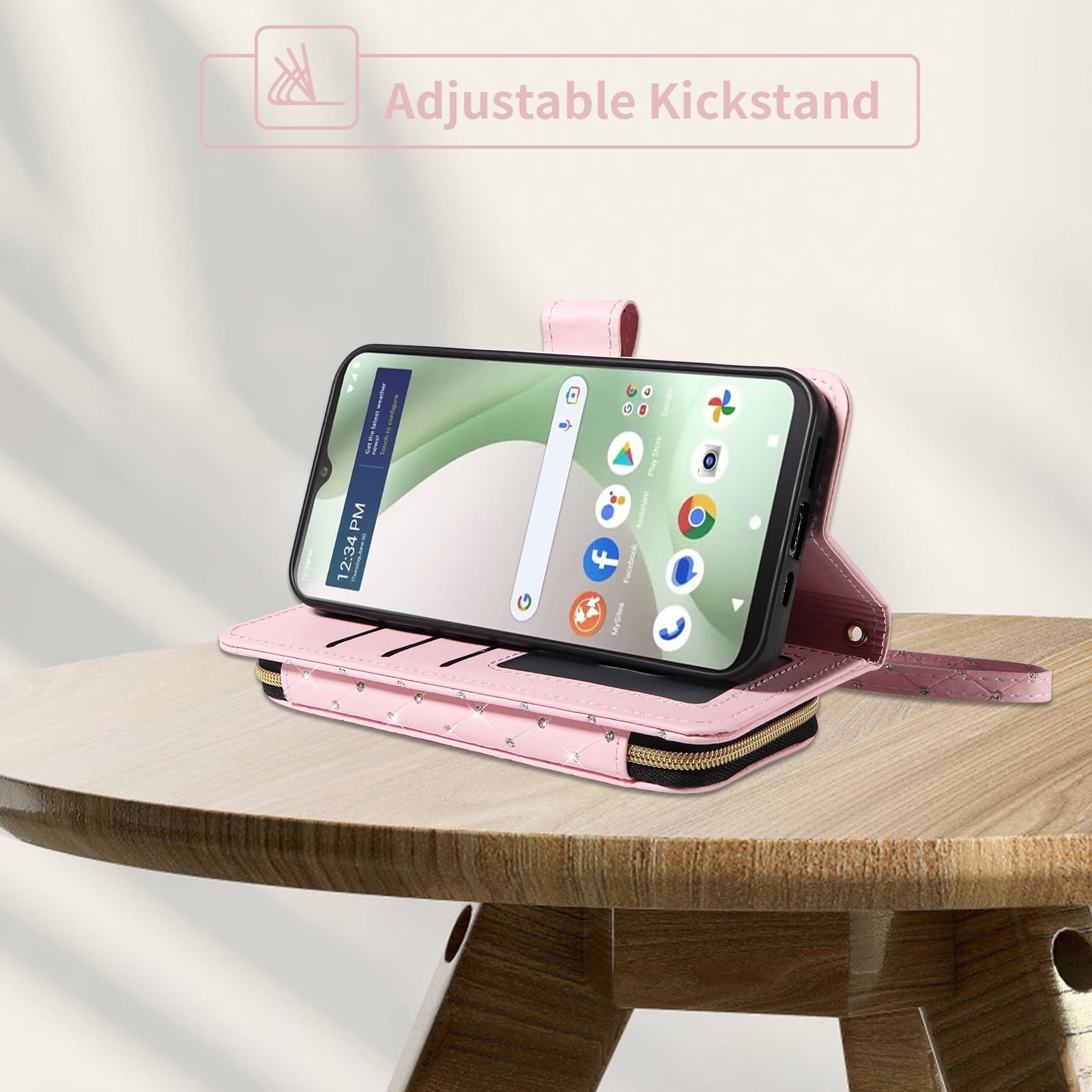 Compatible with Tracfone BLU View 5 B160V Wallet Phone Case Tempered Glass Screen Protector Bling Crossbody Lanyard Strap Flip Zipper Purse Card Holder Cell Cover for BLUE View5 160V 2024 Women Pink