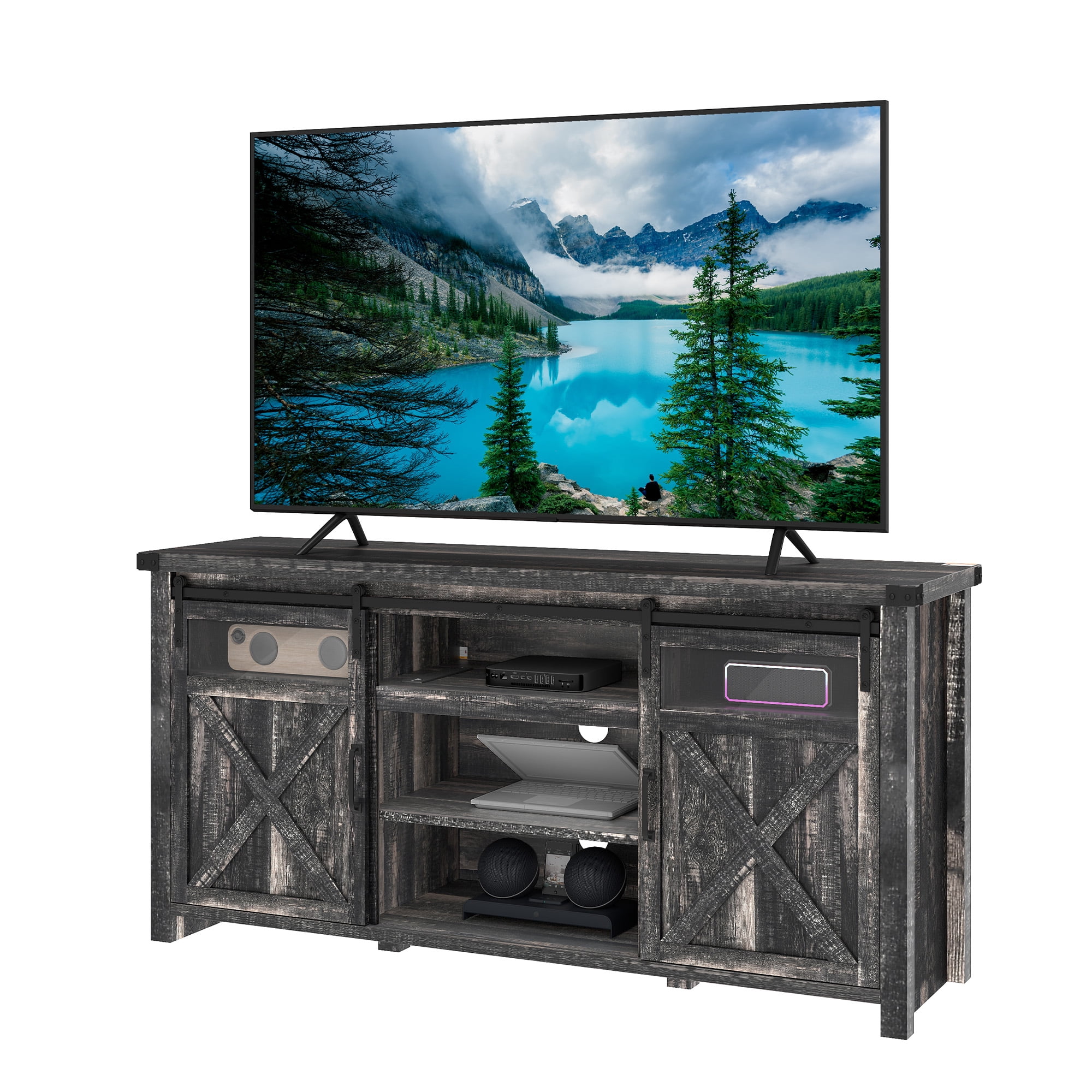 Uforic Farmhouse TV Stand for 75 inch TV, Entertainment Center with Power Outlet, Storage Drawers, TV Console,Dark Rustic Oak
