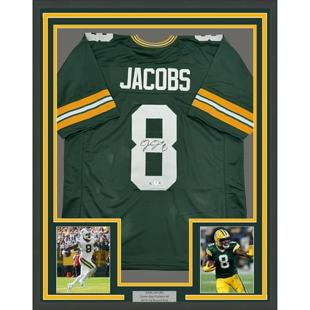 Framed Autographed/Signed Josh Jacobs 35x39 Green Bay Green Football Jersey Beckett BAS COA