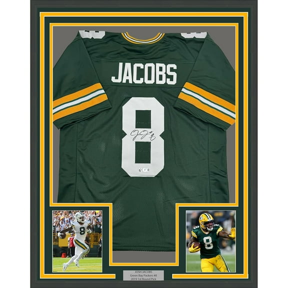 Framed Autographed/Signed Josh Jacobs 35x39 Green Bay Green Football Jersey Beckett BAS COA