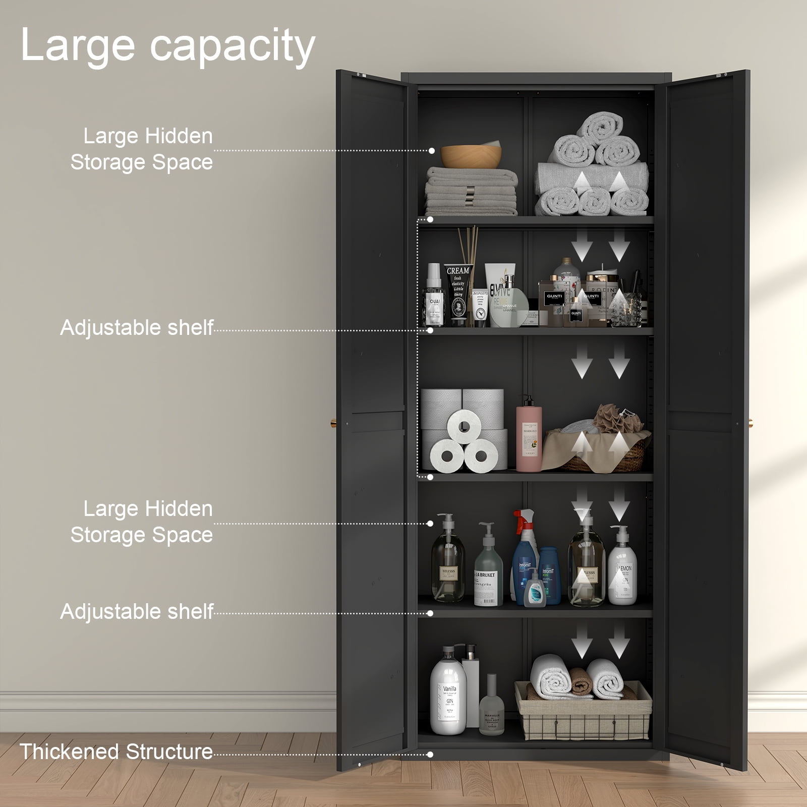 Marcree 71" Metal Storage Cabinet with 2 Doors and 4 Adjustable Shelves, Black Kitchen Pantry Storage Cabinet, 5-Tier Tall Steel Cabinet Locker for Kitchen, Living Room, Dining Room