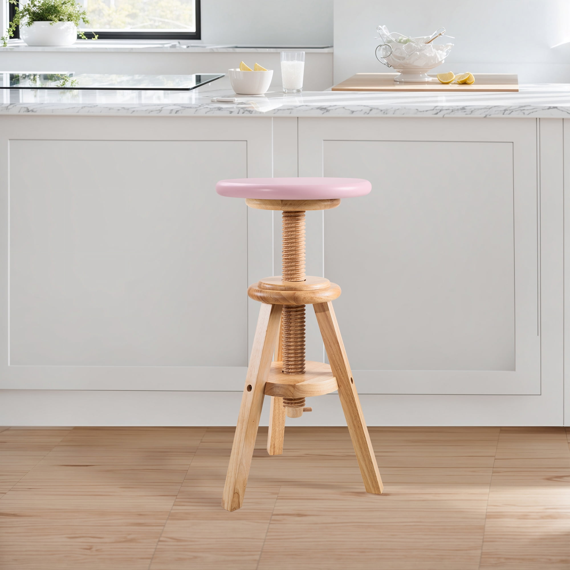 eHemco Swivel Solid Wood Adjustable Bar Stool, 18.9 to 25.2 Inches, Natural Base with Pink Top