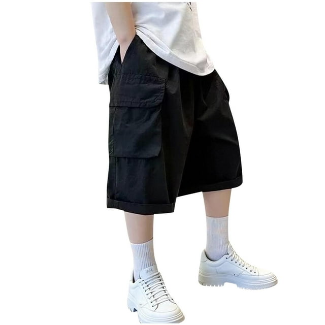 Short Cargo Ample Garçon Jambe Droite Short Cool Poche à Rabat Lettre Patchée Court Noir 8-9 Ans