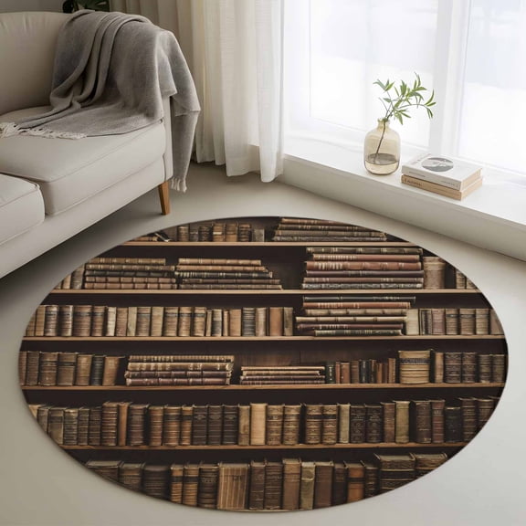 Round Rug 4Ft Washable Non-Slip, Vintage Books Circle Area Rugs for Living Room Bedroom, Retro Art Elegant Bookshelf Indoor Floor Mats Carpet Runner for Home Decor Aesthetic