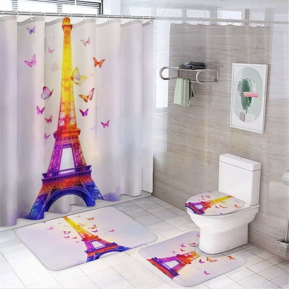 Colorful Eiffel Tower with Butterflies Shower Curtain Waterproof Bathroom Curtain Set with Hooks Home Decor Bathroom Curtains 4pcs