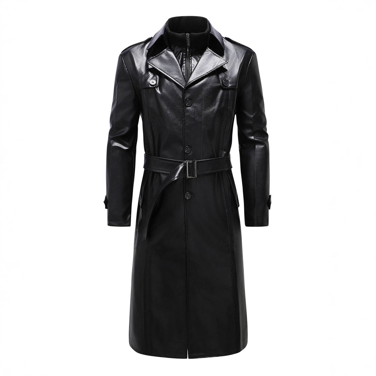 Lovzfmll Men's Leather Trench Coat Business Belted Notched Lapel