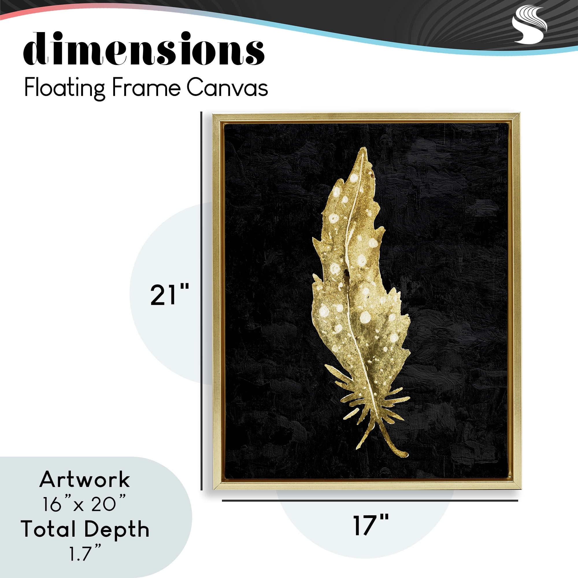 Feather On Black Gold Framed Floater Canvas Wall Art, design by Kim Allen