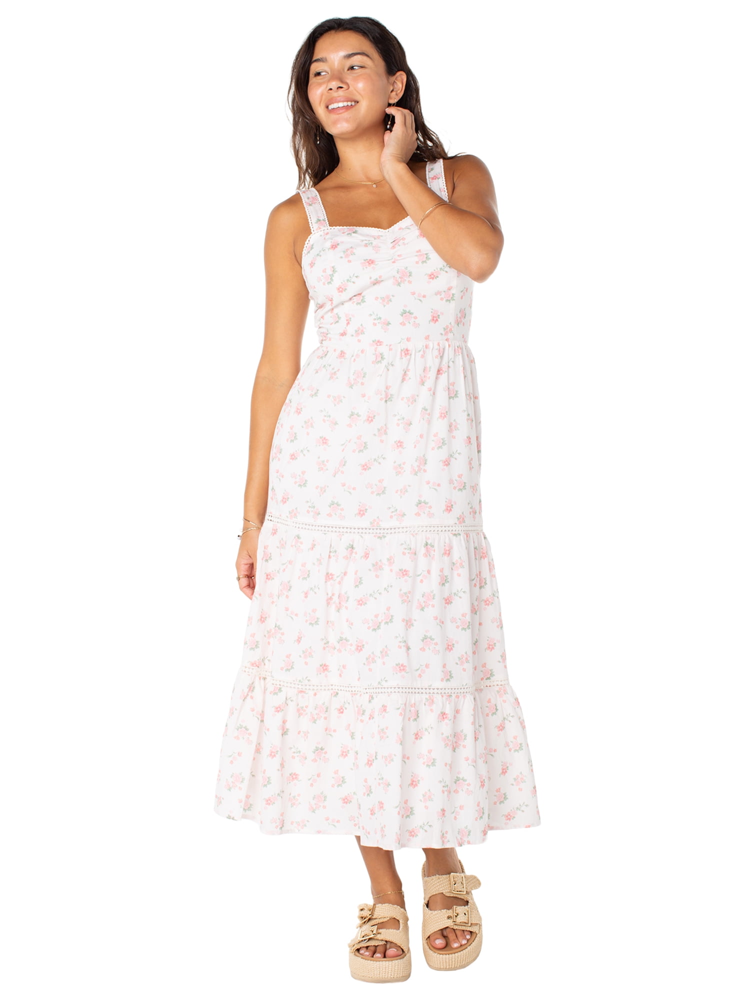 Celebrity Pink Women's Sleeveless Lace Trim Tiered Maxi Dress, Sizes XS-XXXL