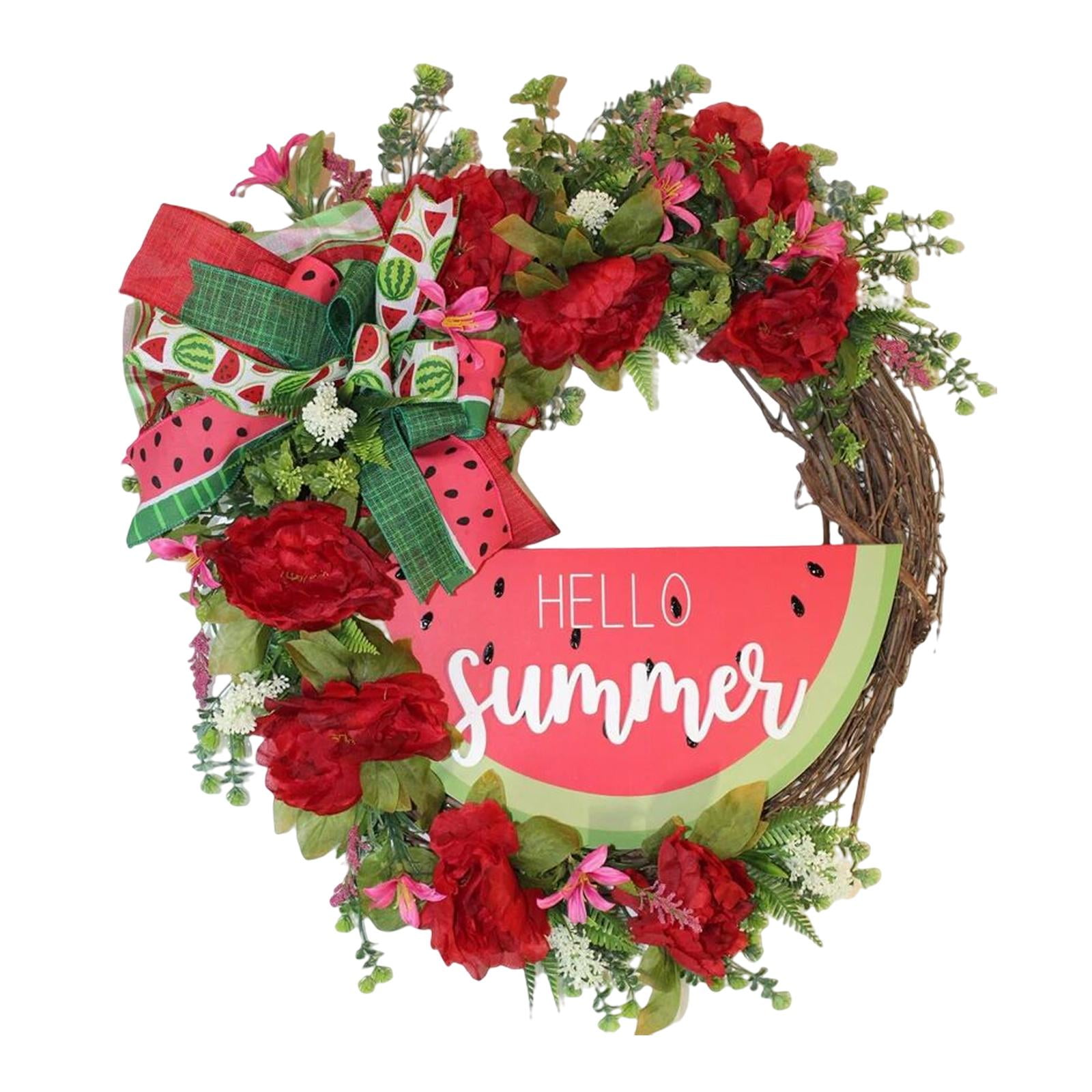 Watermelon Wreath with Green Leaves, Ribbon, Rattan 17.72inch Rustic
