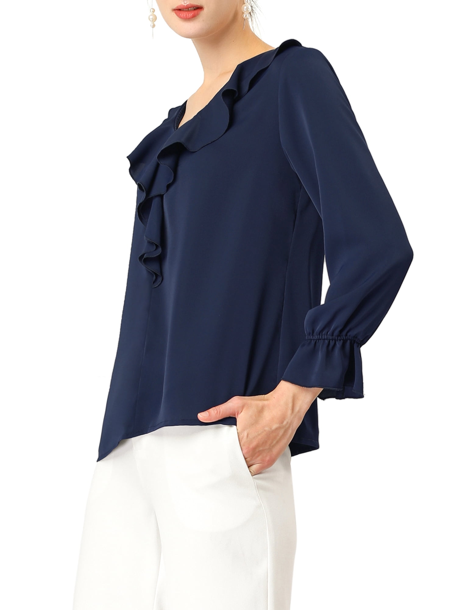 DARING DIVA Women's Ruffle V Neck Chiffon Peasant Blouse XS Dark Blue