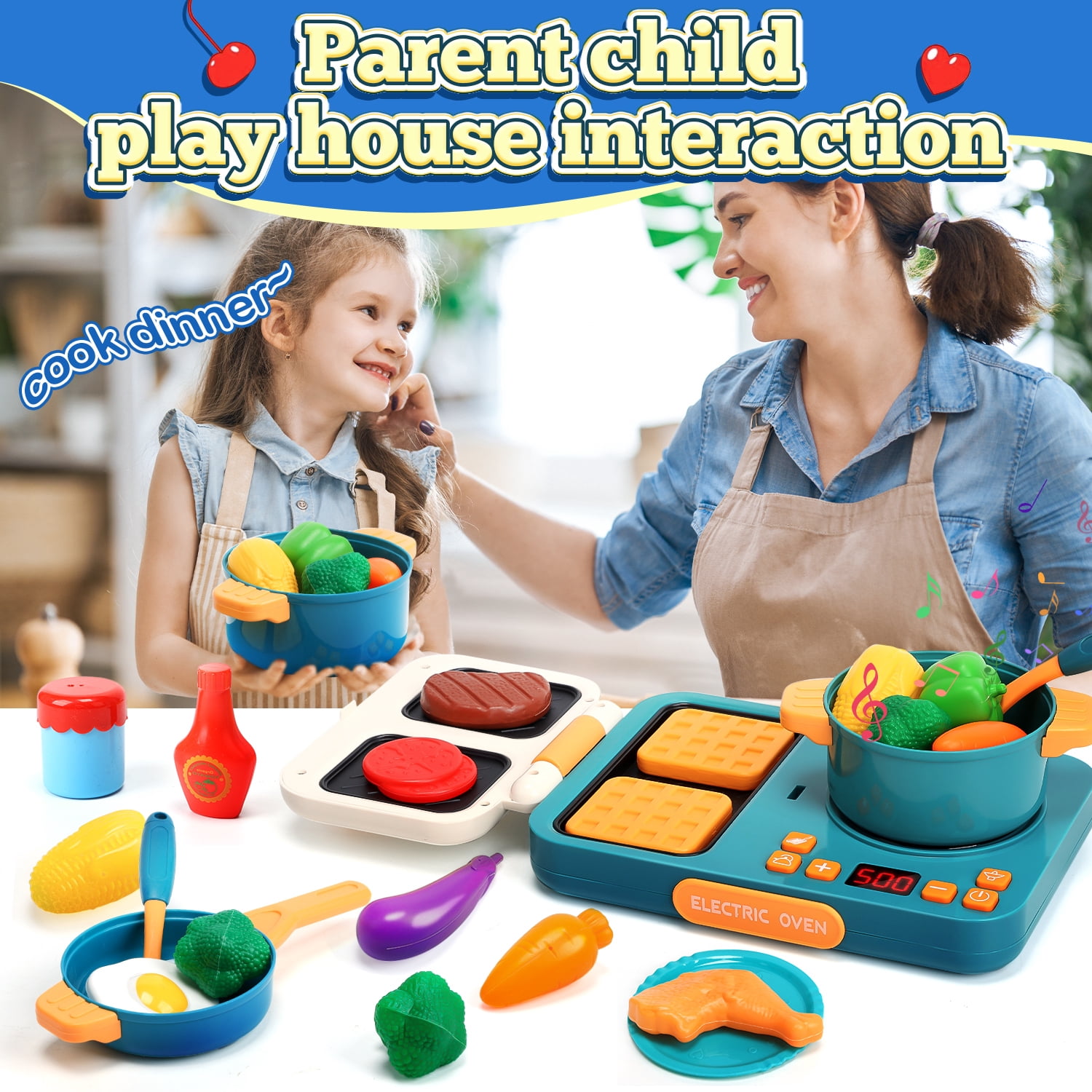 JoyStone 46Pcs Kids Pretend Play Kitchen Accessories Playset with Light and Sound, Play Pots and Pans, Utensils Cooking Toys, Play Kitchen Toys for Girls Boys, Green