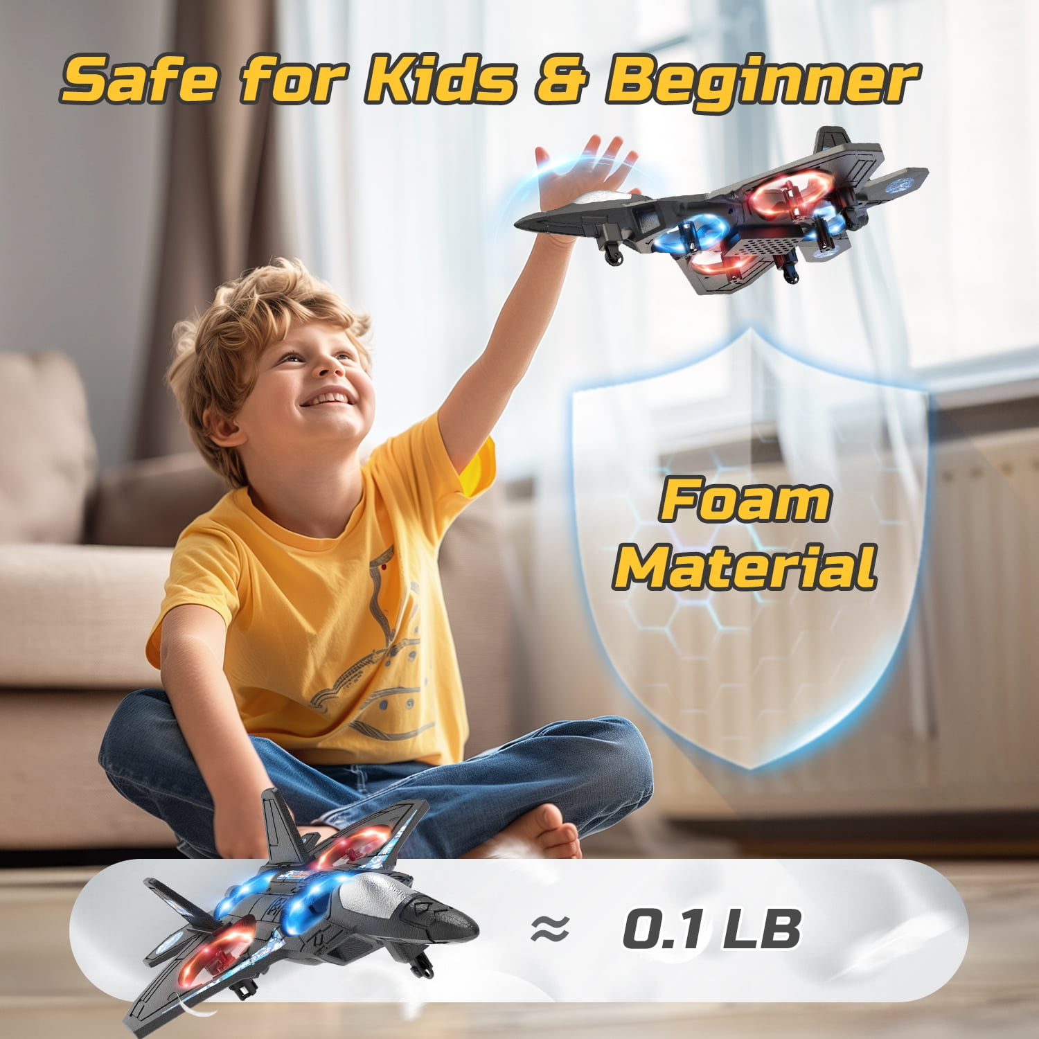 Foam RC Plane Drone for Kids, Remote Control Airplane Fighter Jet with LED Light, Auto Hover, 360°Flip, 2 Batteries (16 Mins Flight), Easy to Fly for Beginners