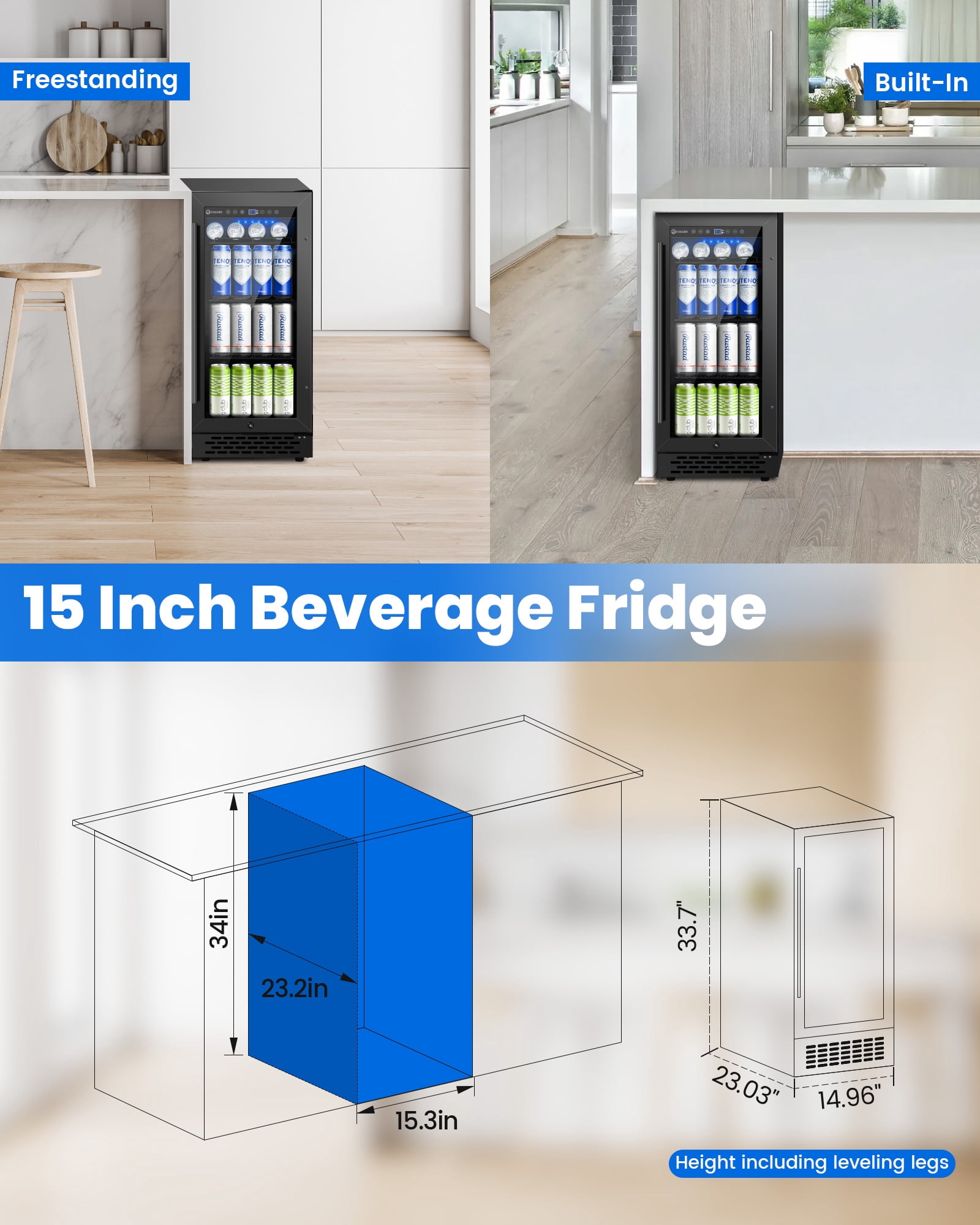 COLOZO 15 inch Beverage Refrigerator,Freestanding Beverage Fridge Cooler for Home Bar