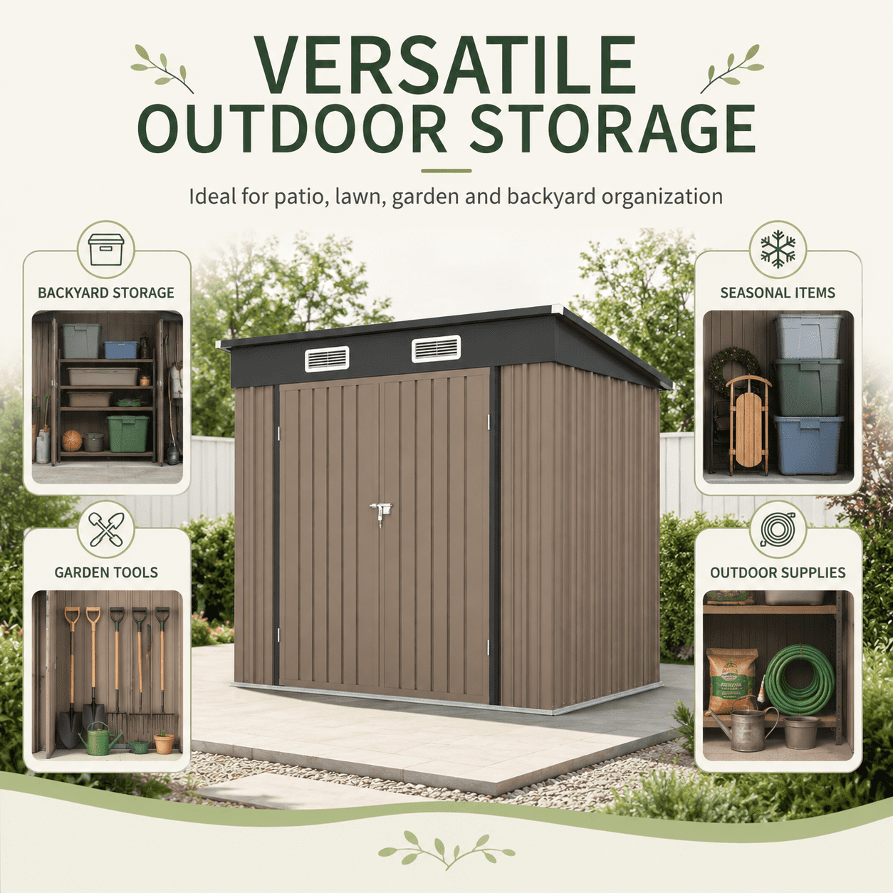 6x4ft Shed Outdoor Storage, All-weather Metal Garden Shed W/Floor, Galvanized Steel Tool Storage Shed, Double Lockable Doors, Brown