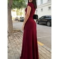 thumbnail image 4 of Burgundy Womens Solid Color Fitted Waist Maxi Dress With Short Sleeves For Casual Summer Wear, 4 of 6